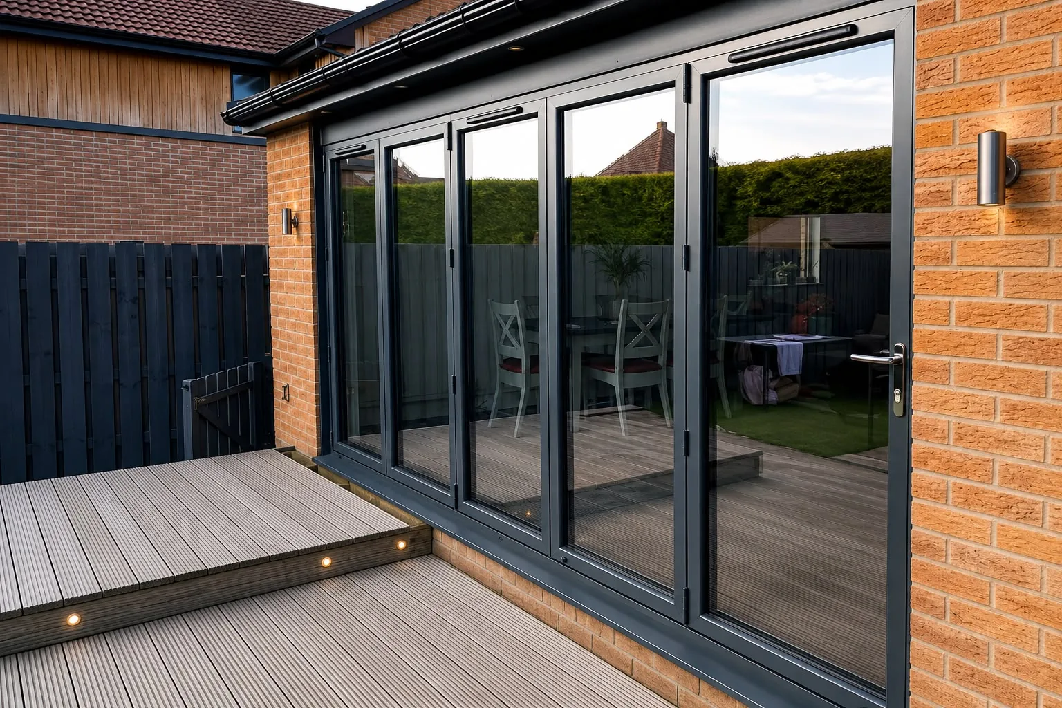 Charcoal aluminium bifold doors installed across the rear of a brick home