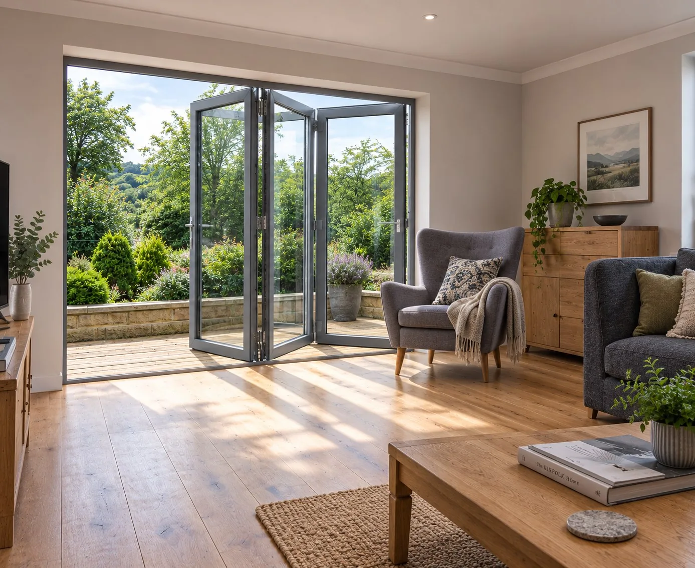 Opened bifold doors showing the handles, hinges and folding movement