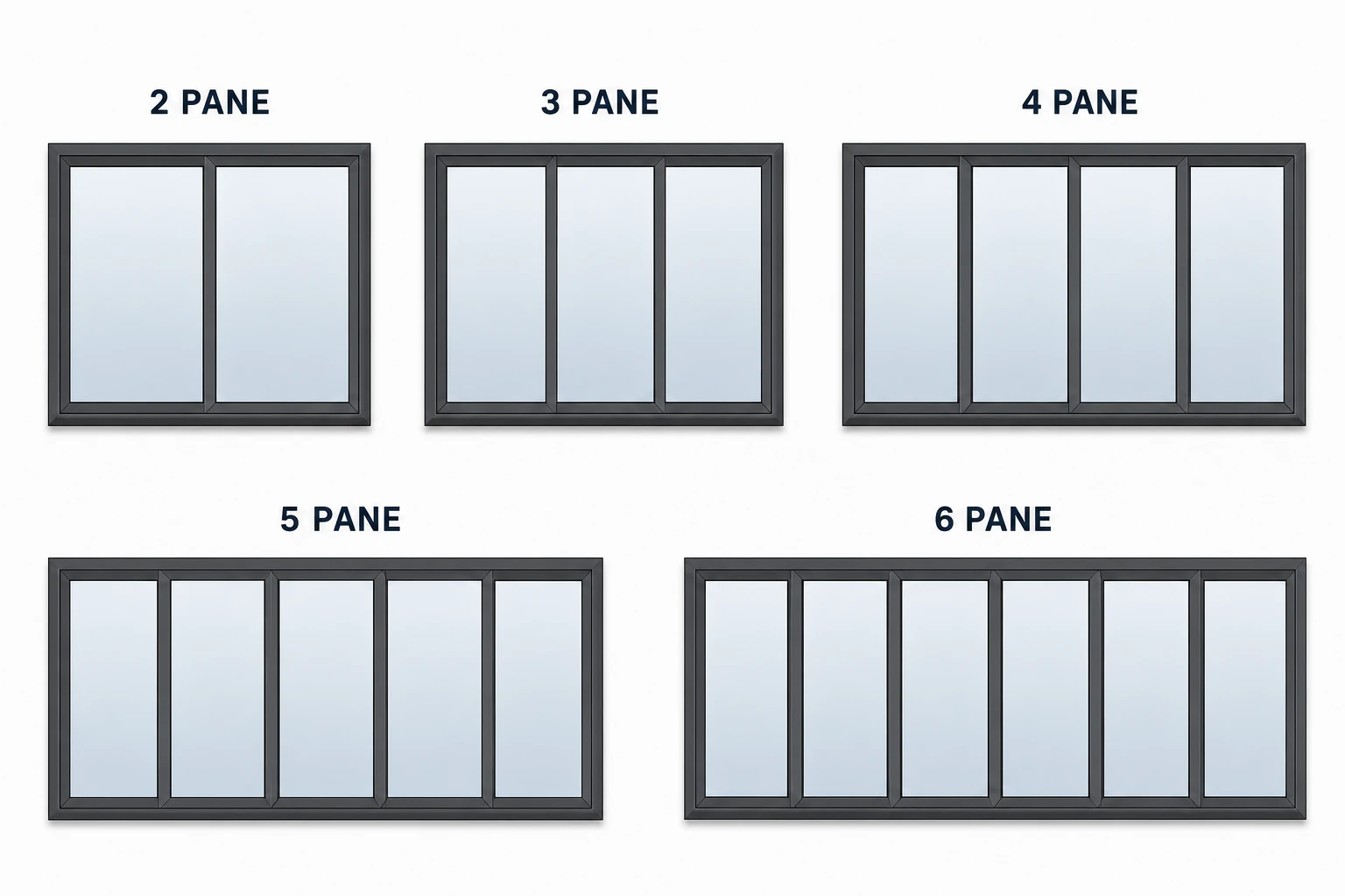 Collection of aluminium bifold door arrangements with two, three, four, five and six panes
