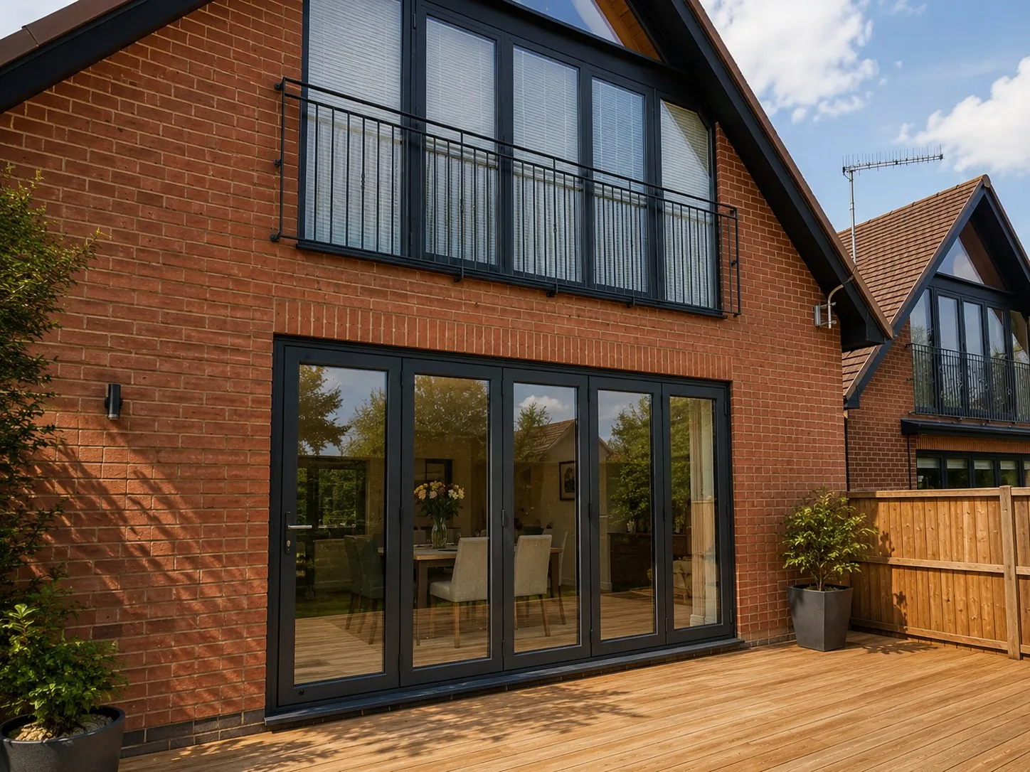 Wide dark aluminium bifold door installation on a brick home