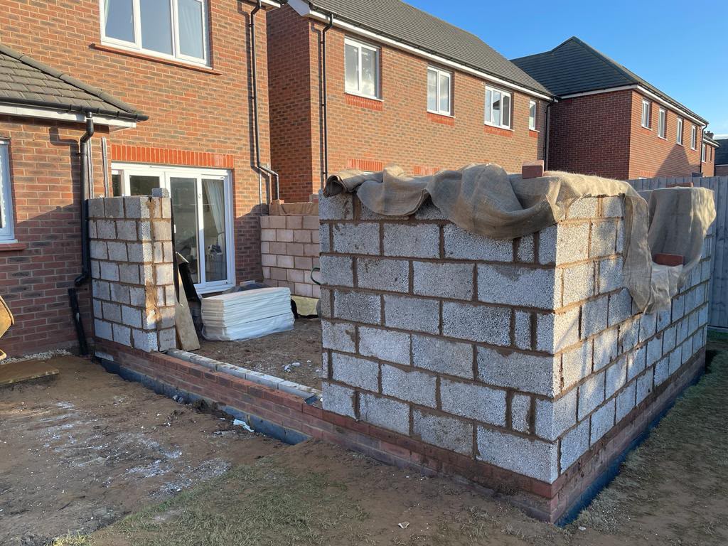 Leicestershire extension during construction with the blockwork walls being built