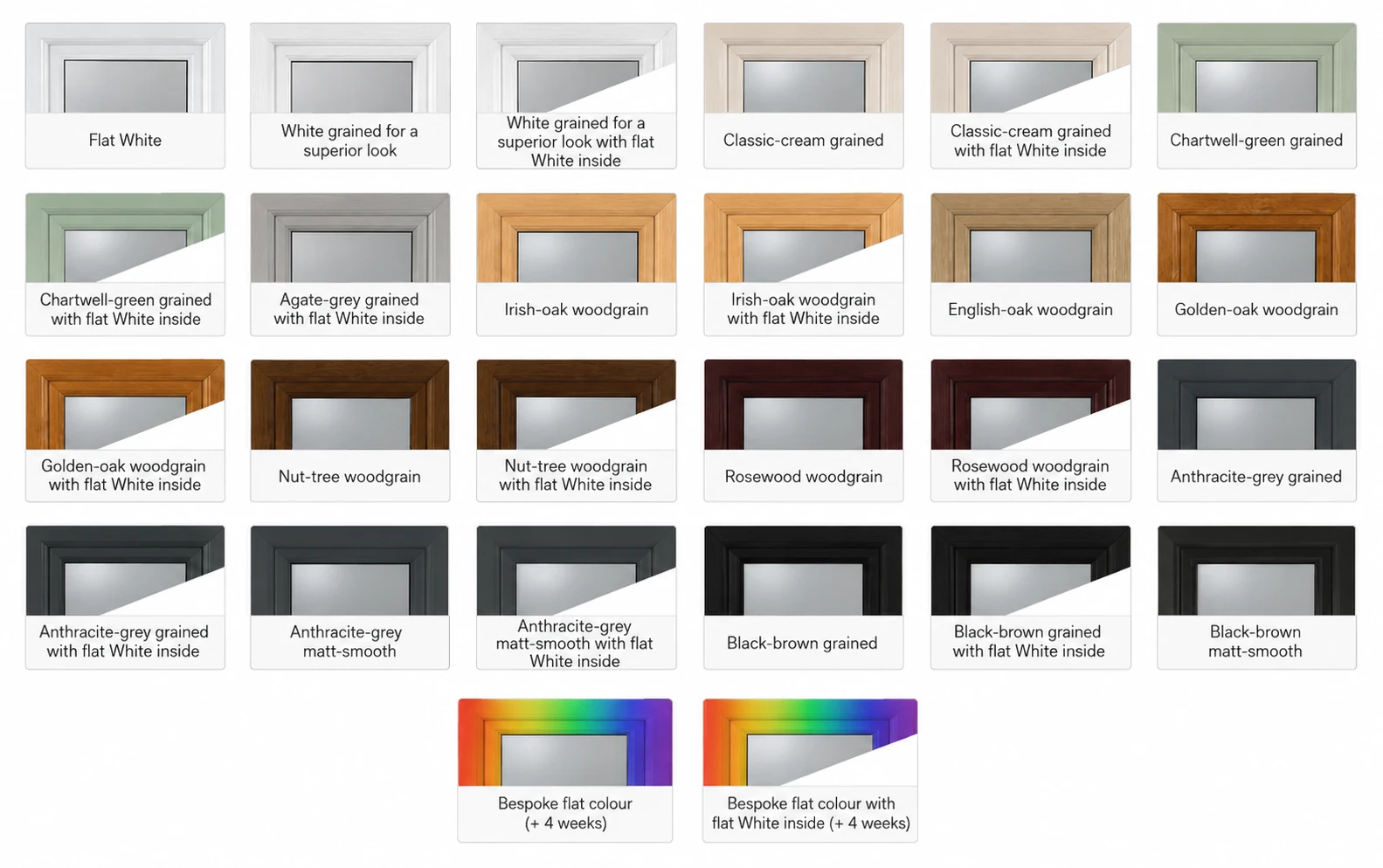 Sliding patio door colour choices including white, cream, green, grey, woodgrain, black-brown and bespoke finishes