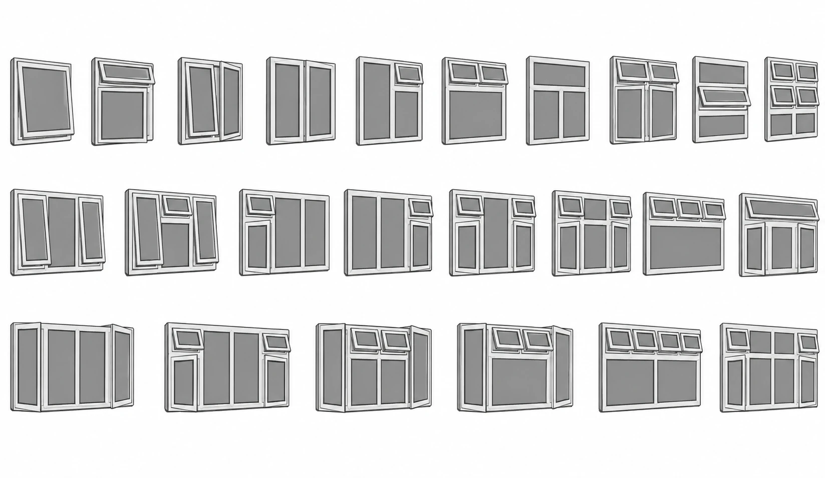 Collection of casement window opening styles and multi-pane configurations