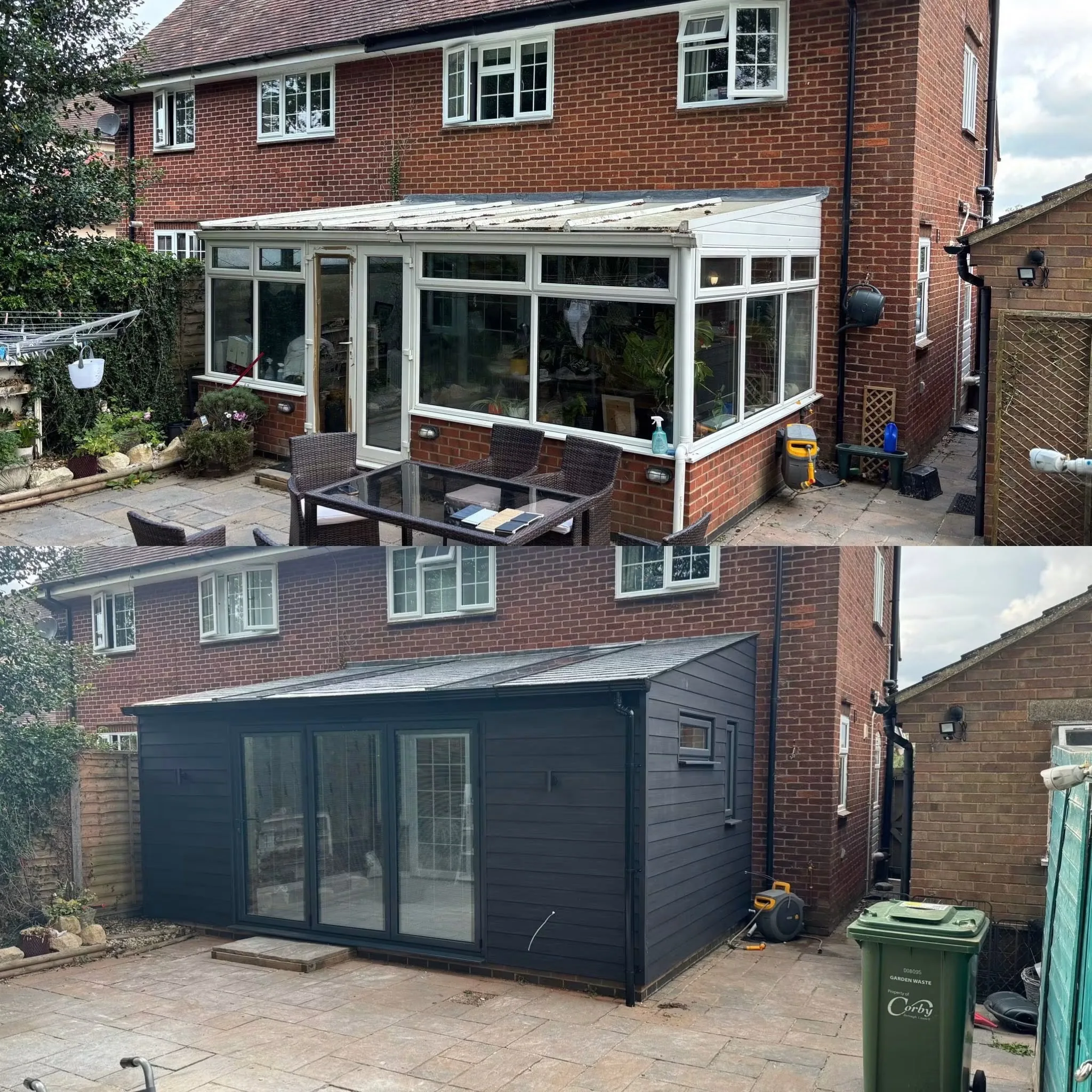 Before and after views of a completed conservatory renovation