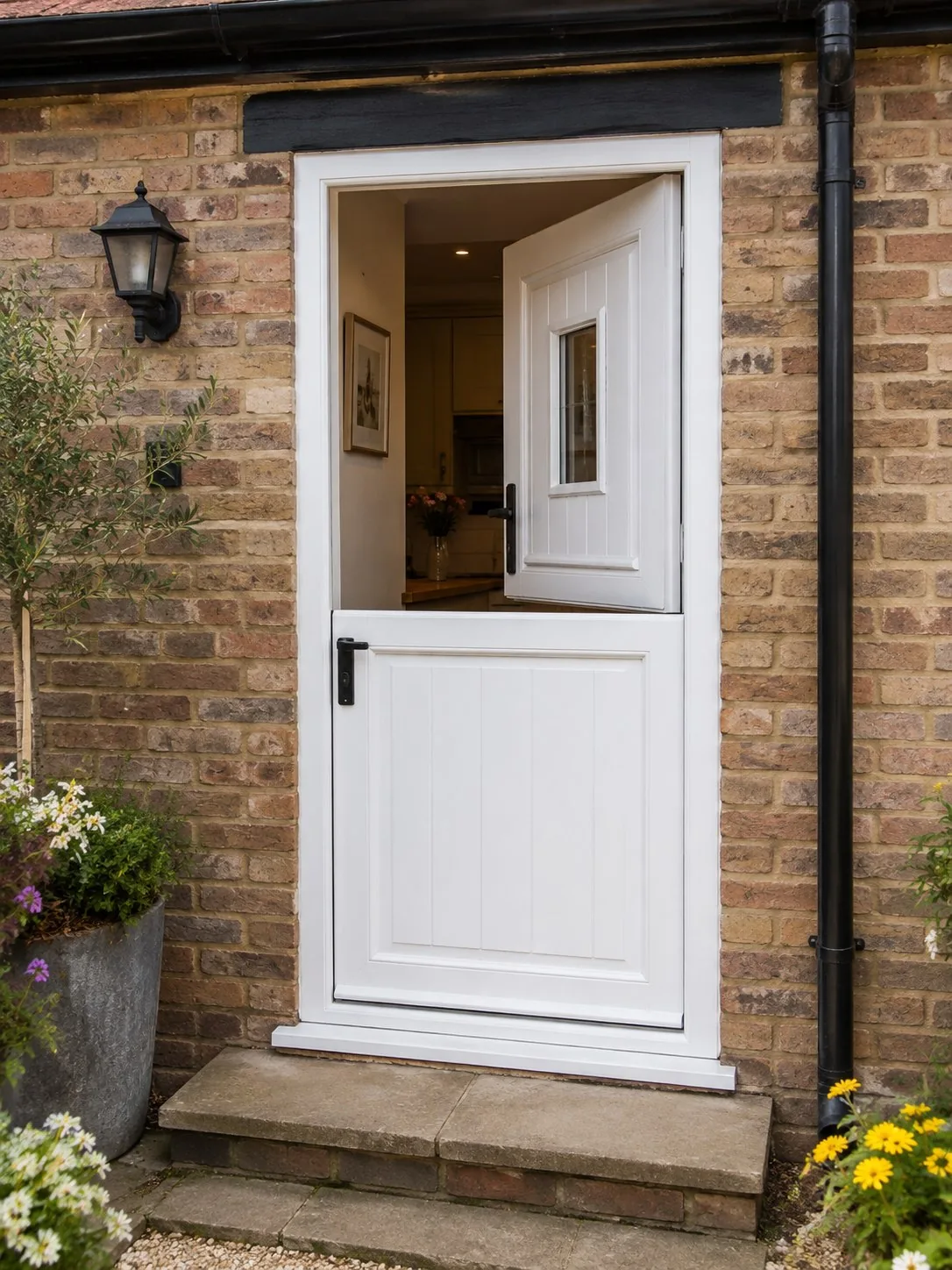 White PVCu stable door installed in a brick property
