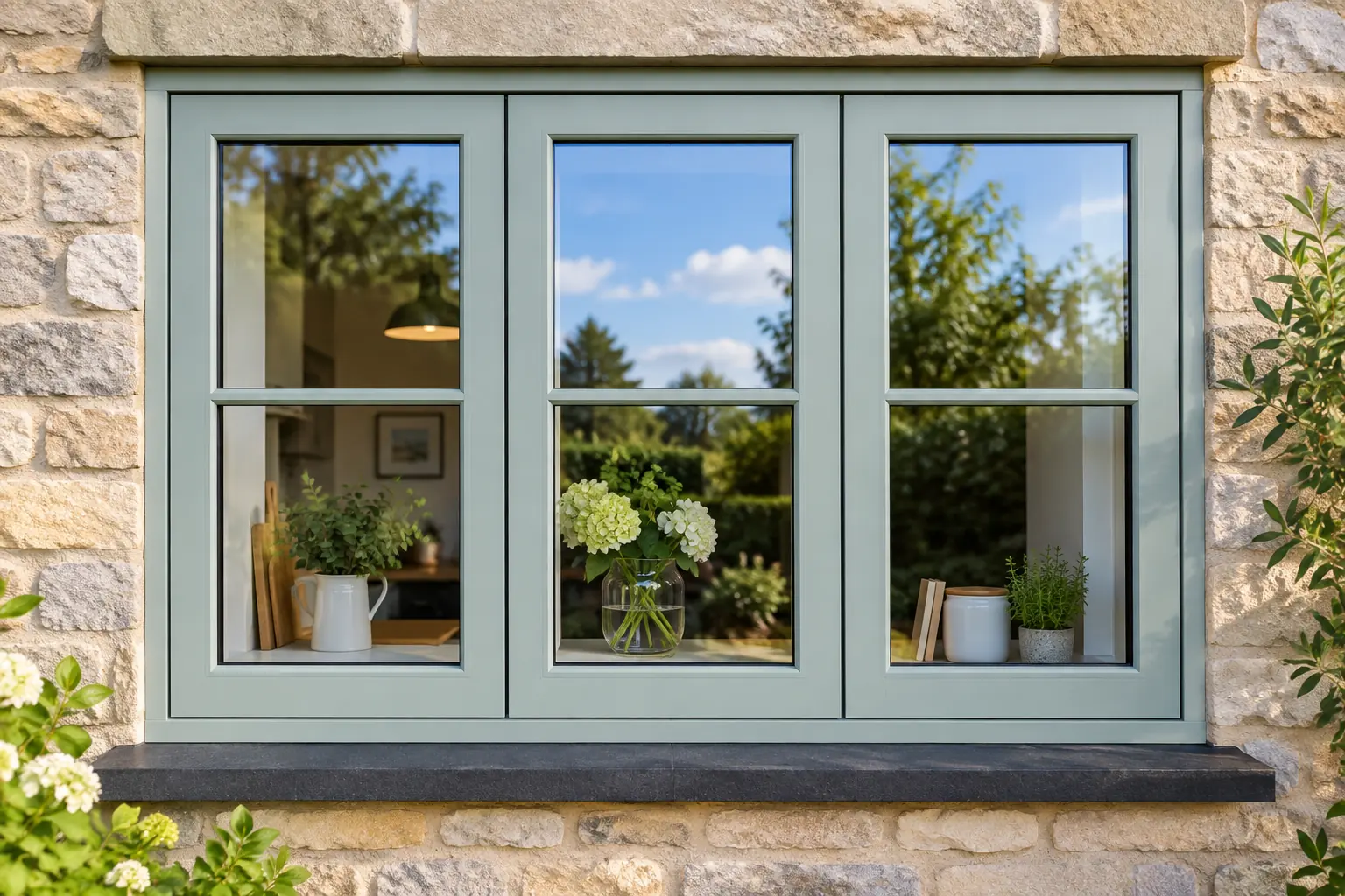 Heritage green flush casement window fitted within a traditional stone elevation