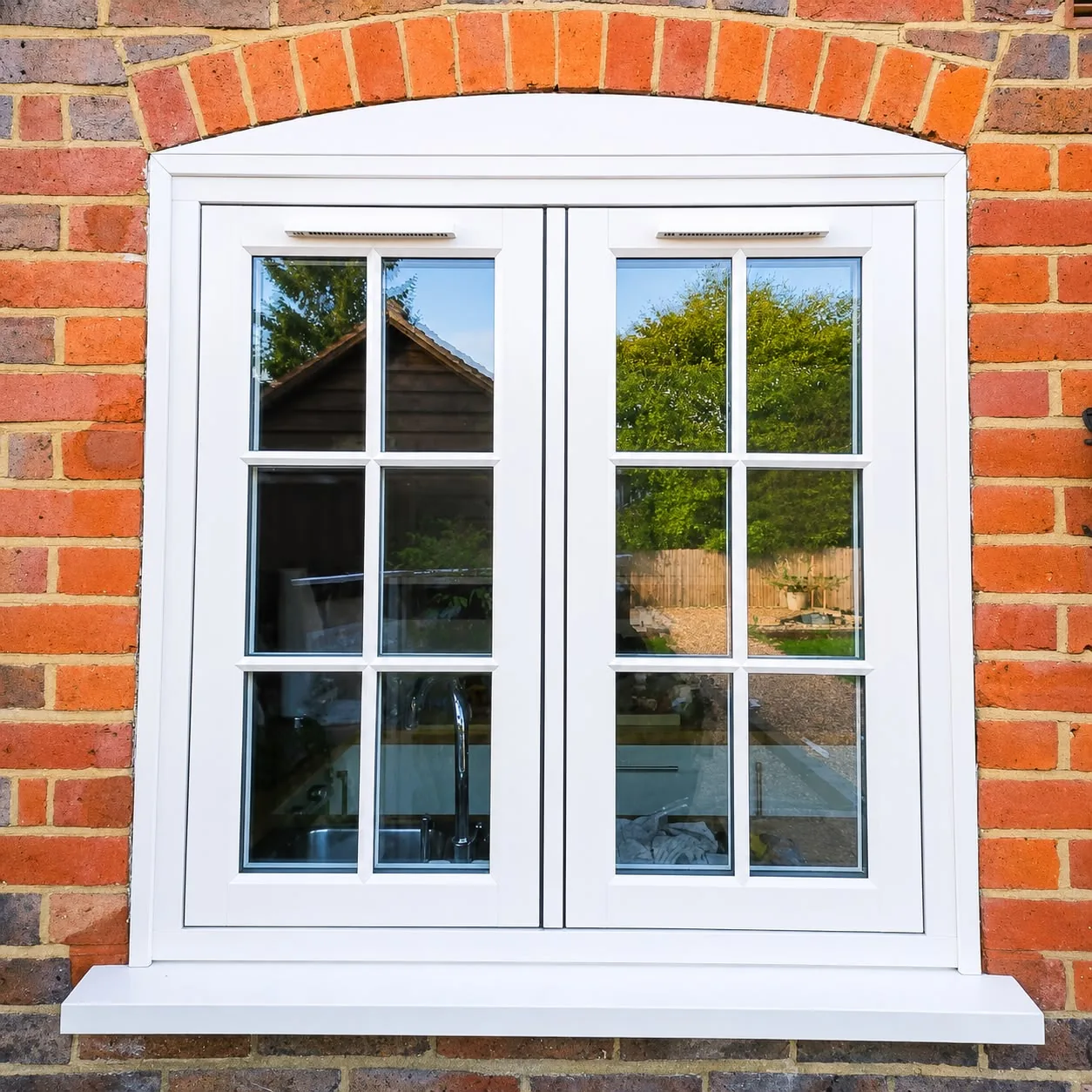 White flush casement window installed within a brick arch