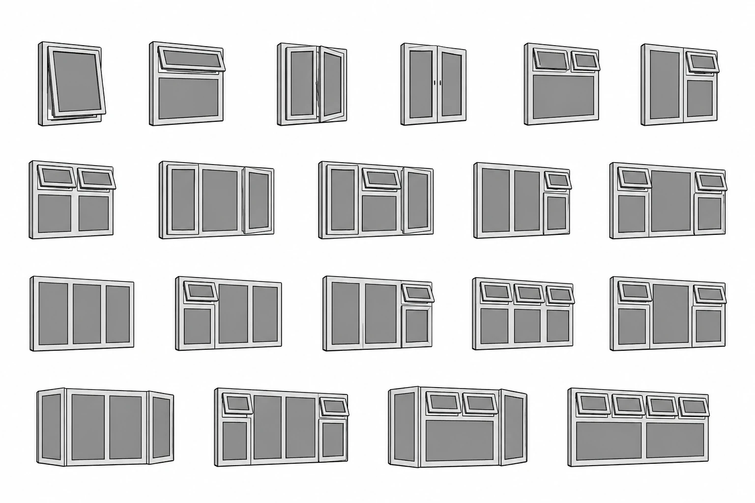 Collection of flush casement window opening styles and multi-pane configurations