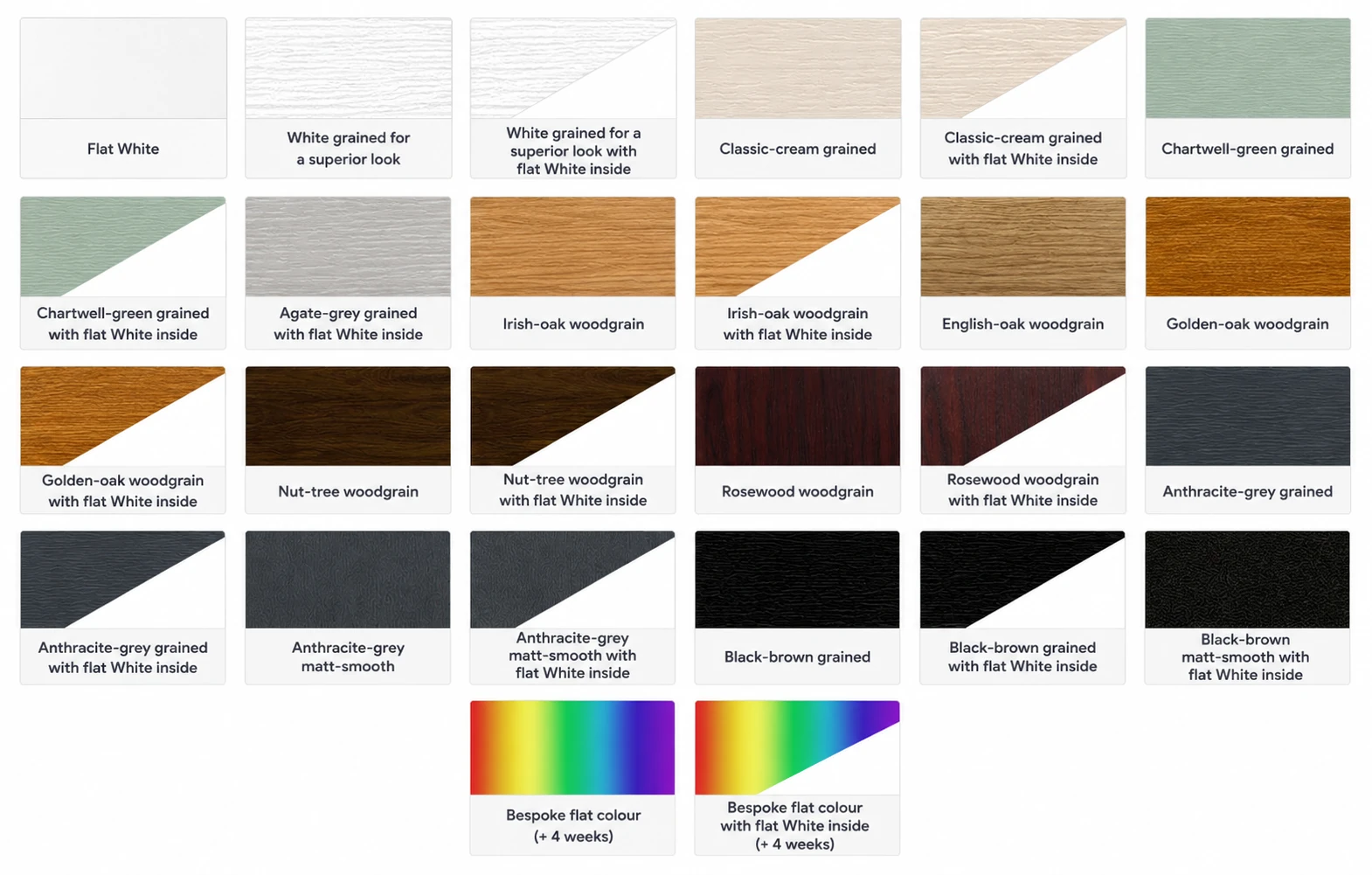 French door colour choices including white, cream, green, grey, woodgrain, black-brown and bespoke finishes