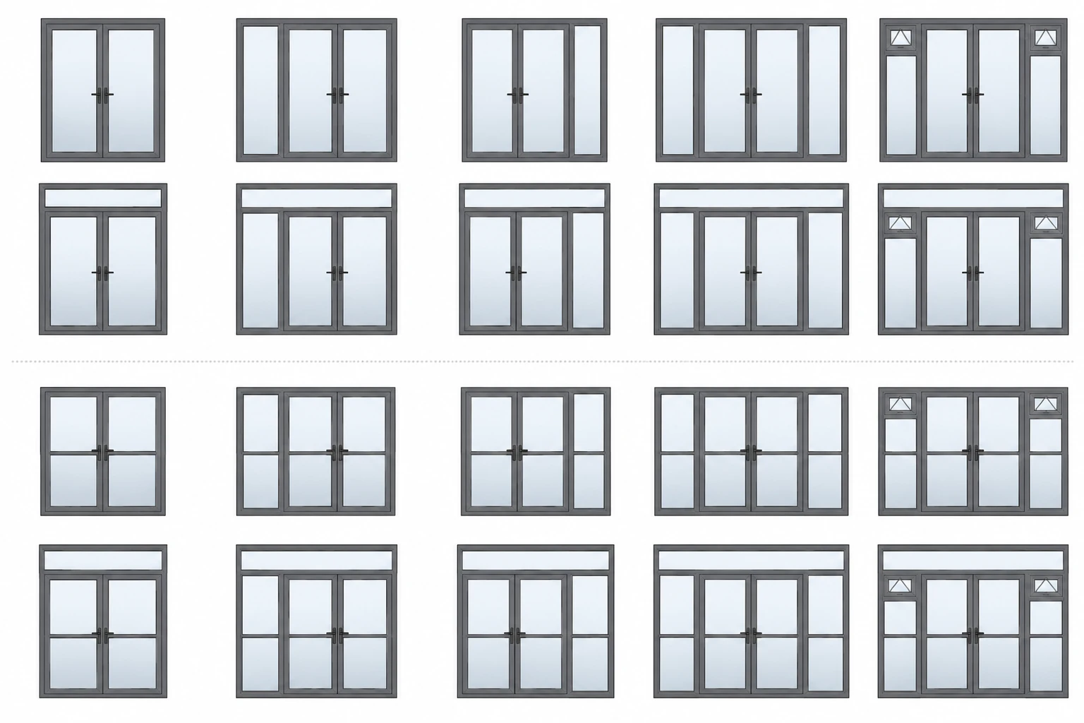 Collection of French door arrangements with side panels, opening side windows, toplights and Georgian glazing bars