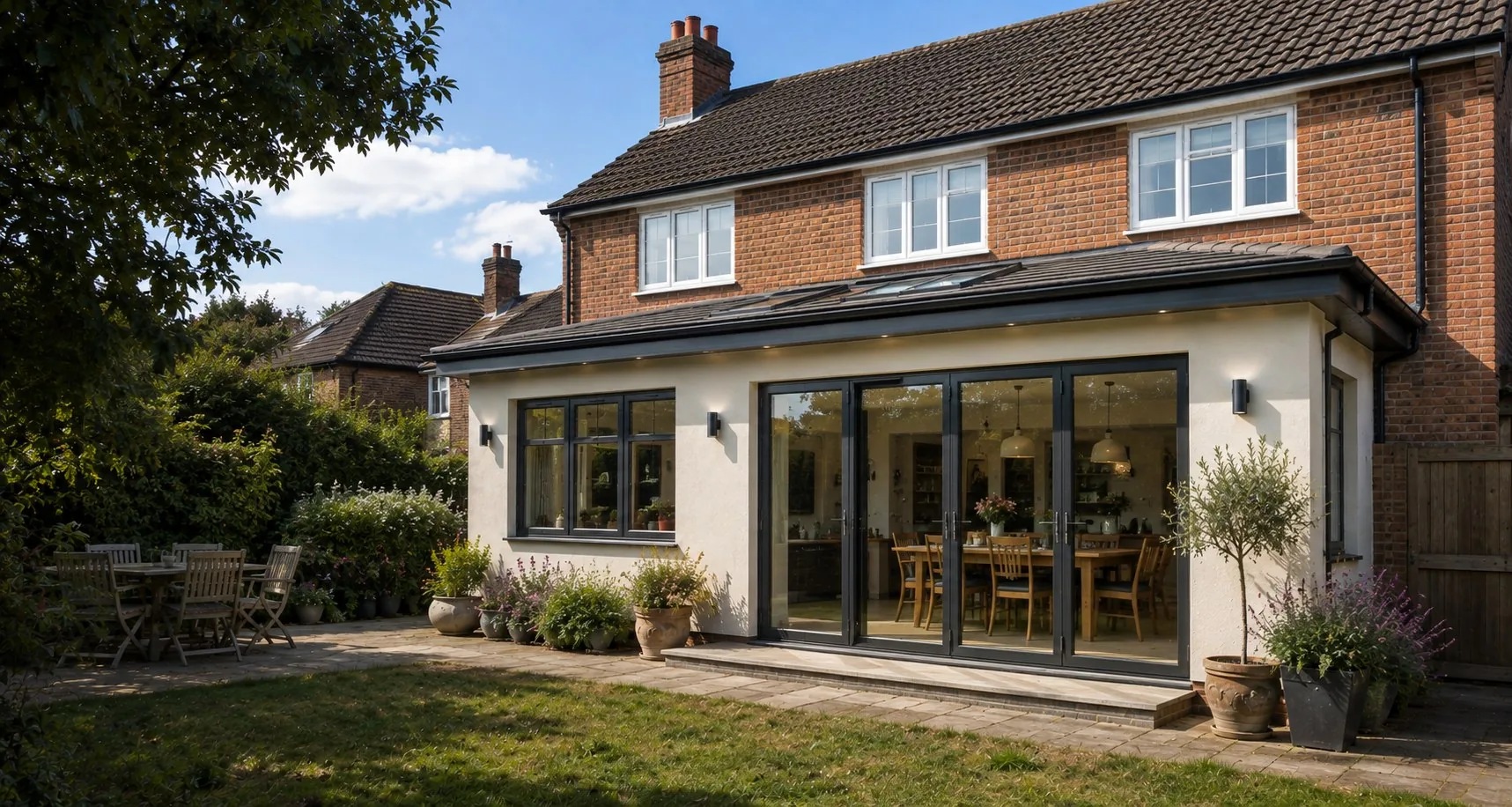 Completed rear extension with black-framed windows and glazed doors opening onto the garden
