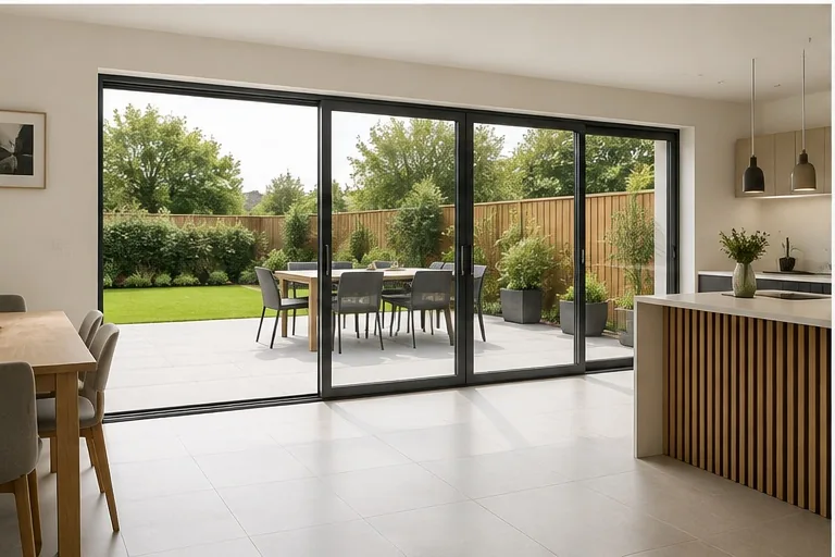 Wide dark-framed sliding patio doors opening a bright kitchen to the garden