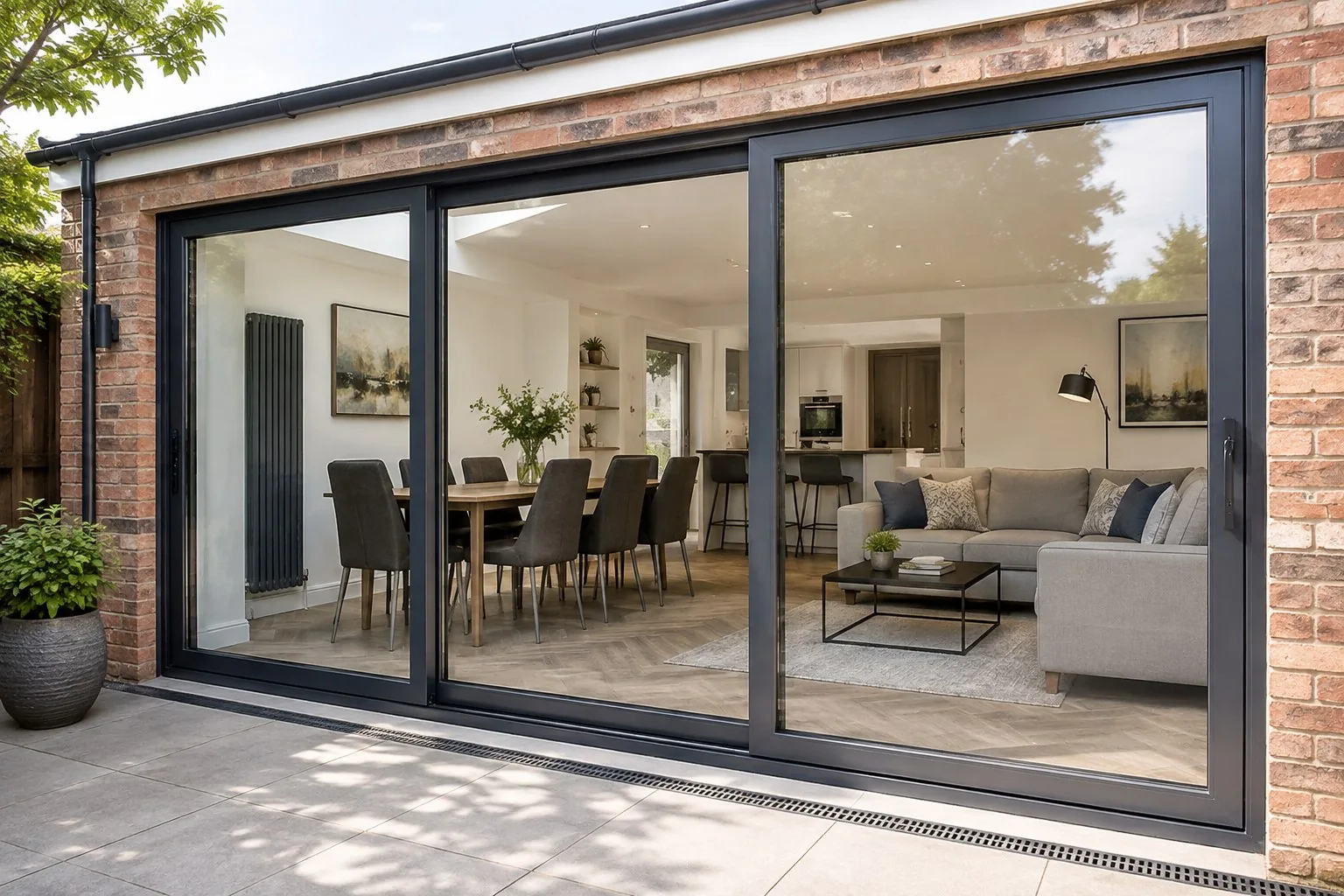 Dark three-panel sliding patio doors installed across a rear opening