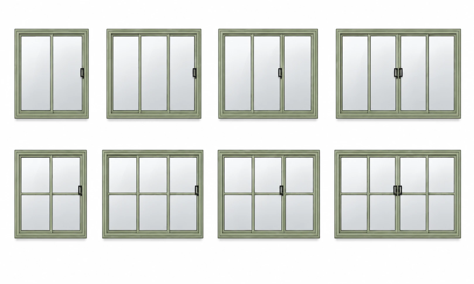 Collection of two, three and four-pane sliding patio door arrangements, with and without horizontal glazing bars